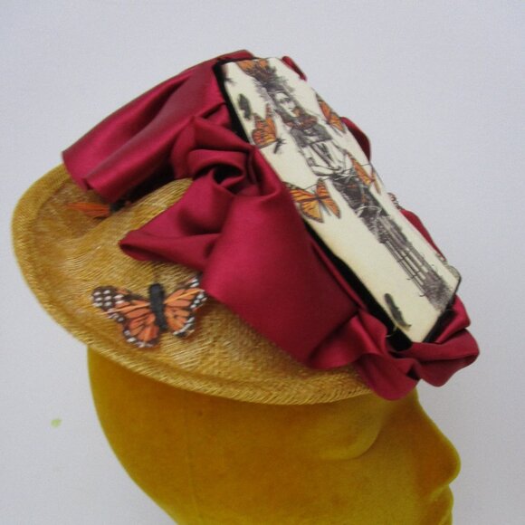 Monarch Butterfly Steampunk Woman Percher Whimsy Hat Wheat Straw Church Easter main image 5